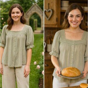 Easel Top Sage Med Boho Peasant Core Cottage Core Eyelet Soft Feminine Style
